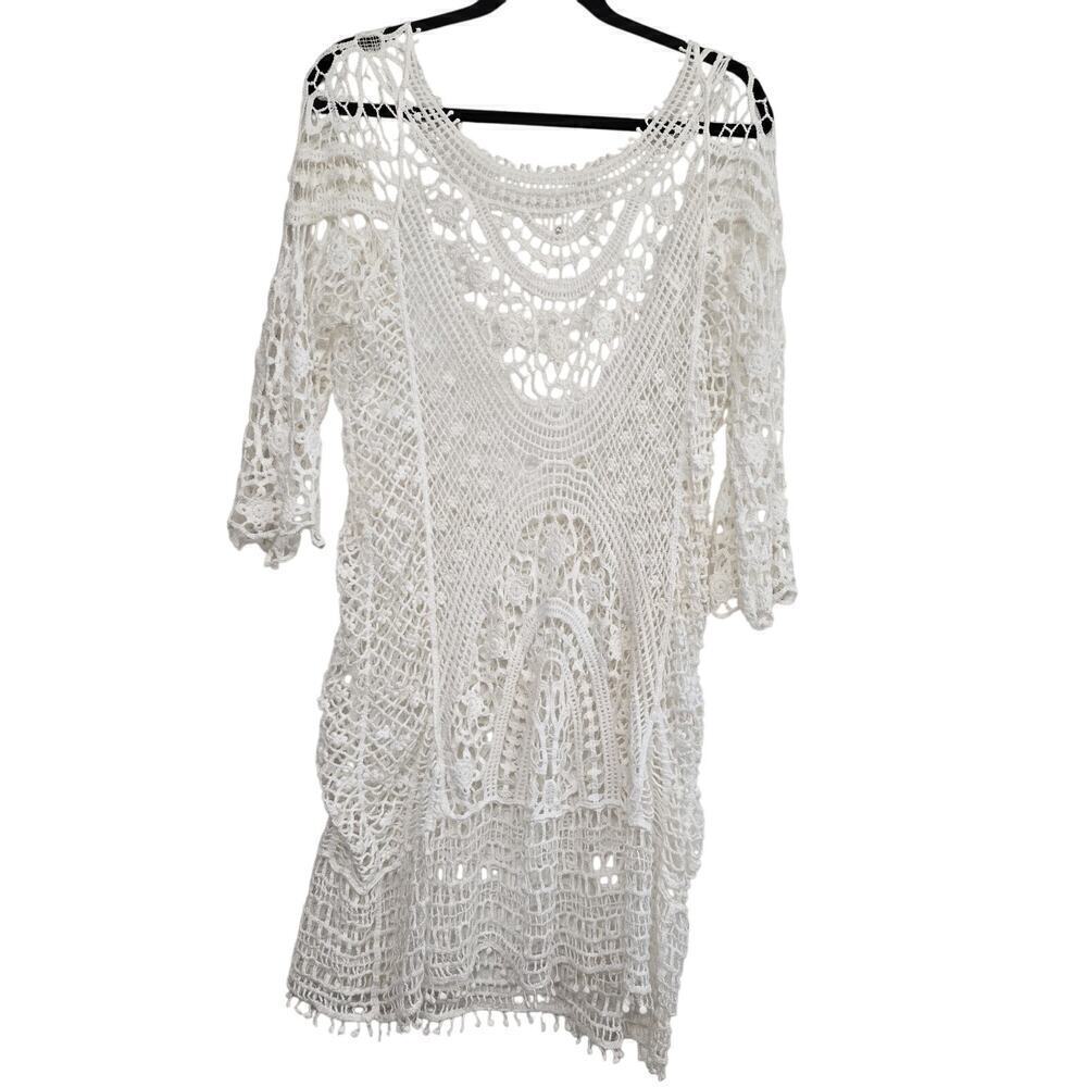 Swimsuit Cover-Up Floral Crochet Ivory Open Back Boho Hippie 100% Cotton Size M